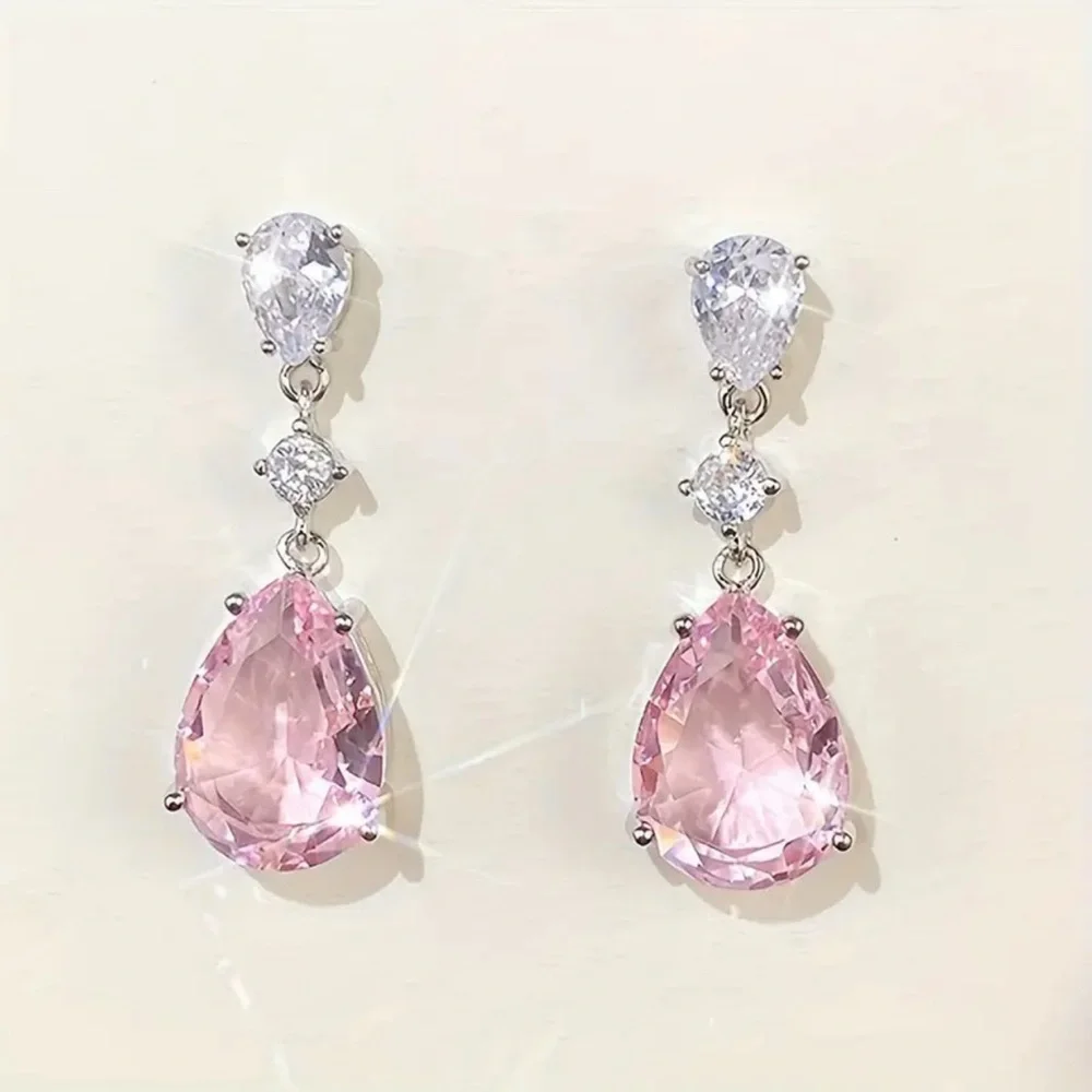 Pink Earrings Cubic Zirconia Pear Shape Rhinestones Luxe Formal Hypoallergenic